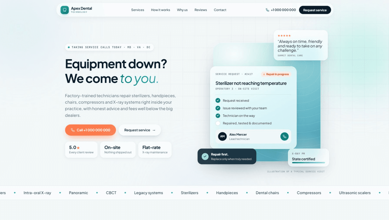 Apex Dental Technology demo homepage with equipment repair heading and illustrated service ticket