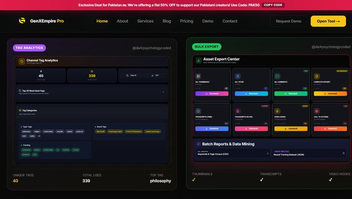 GenXEmpire YouTube Research SaaS website preview